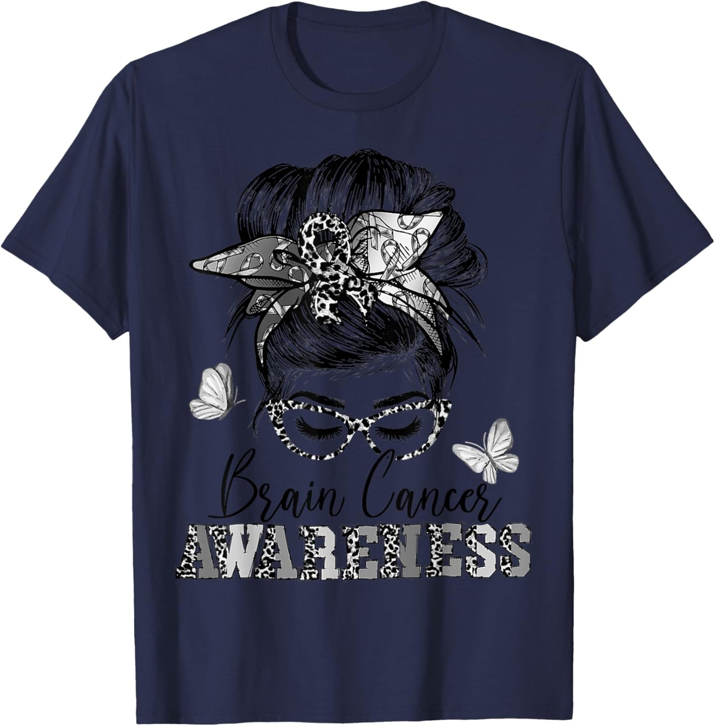 Messy Hair Bun Gray Ribbon Brain Cancer Awareness T-Shirt - T-Shirt | Navy