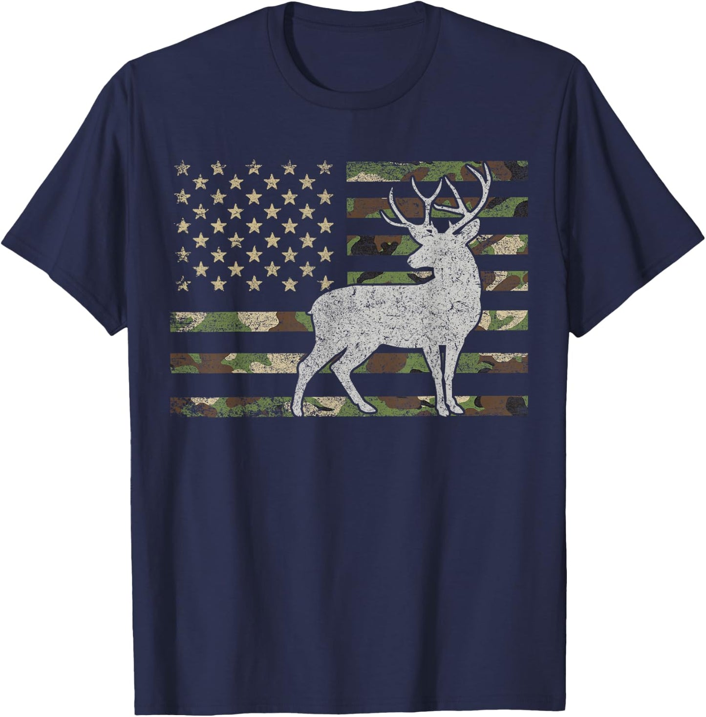 Whitetail Buck Deer Hunting American Camouflage USA Flag Women Kids Men T-Shirt - T-Shirt | Navy