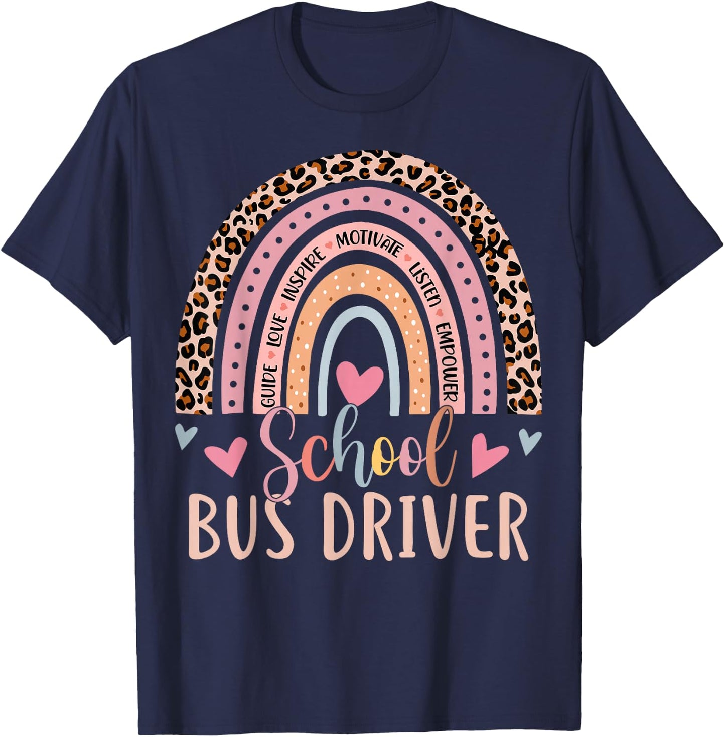 Funny School Bus Driver Rainbow Leopard Print Bus Driver T-Shirt - T-Shirt | Navy