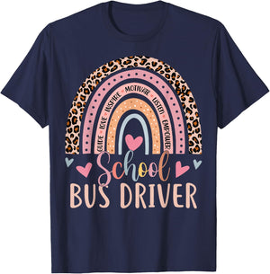 Funny School Bus Driver Rainbow Leopard Print Bus Driver T-Shirt - T-Shirt | Navy