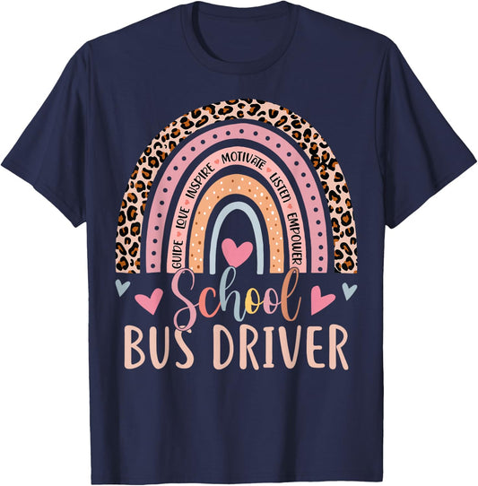 Funny School Bus Driver Rainbow Leopard Print Bus Driver T-Shirt - T-Shirt | Navy