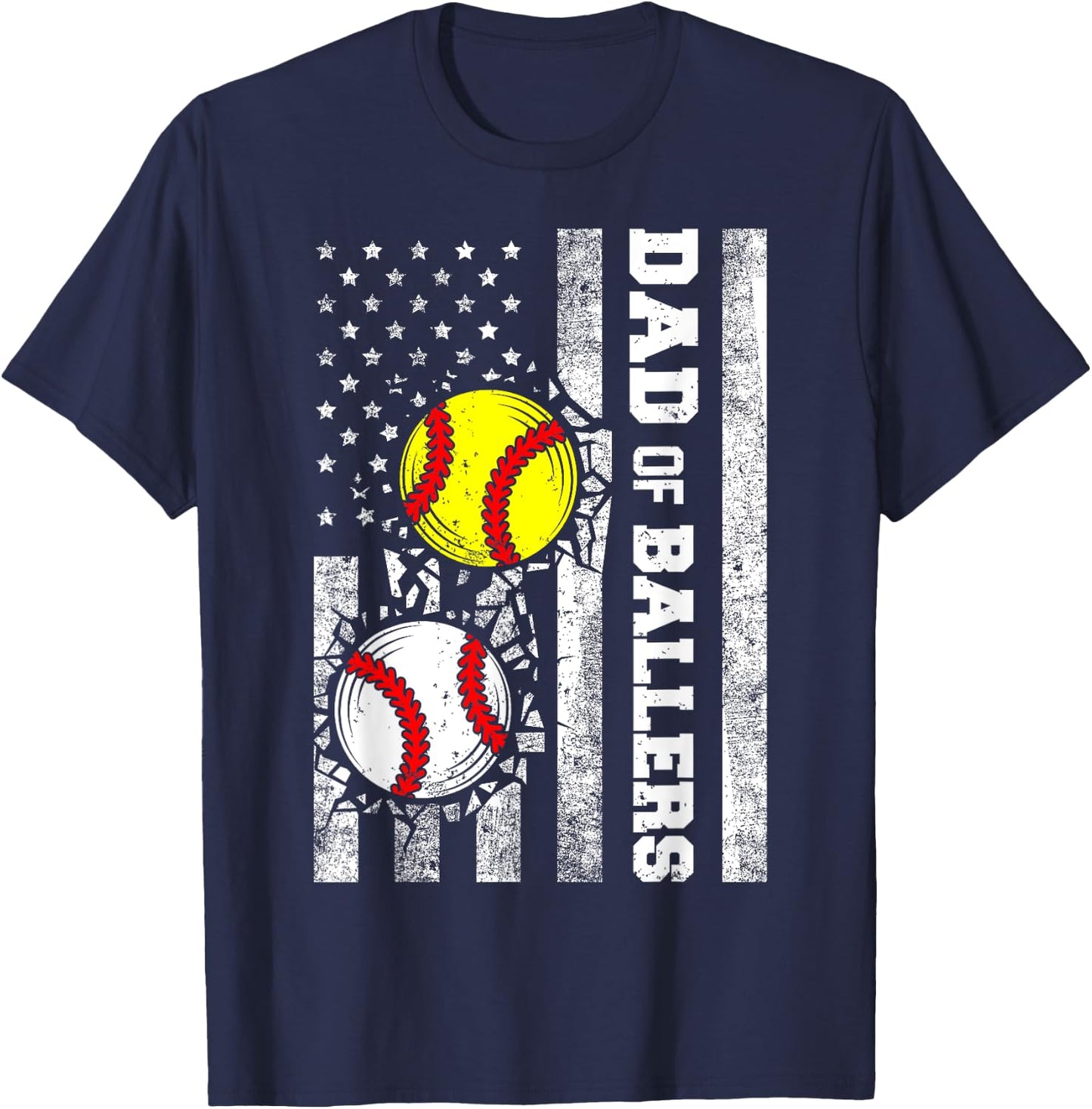 Dad of Ballers Funny USA Flag Baseball Softball Dad T-Shirt - T-Shirt | Navy