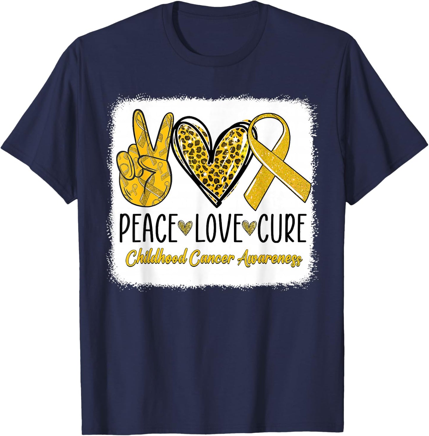 Peace Love Cure Childhood Cancer Awareness Gold Ribbon T-Shirt - T-Shirt | Navy
