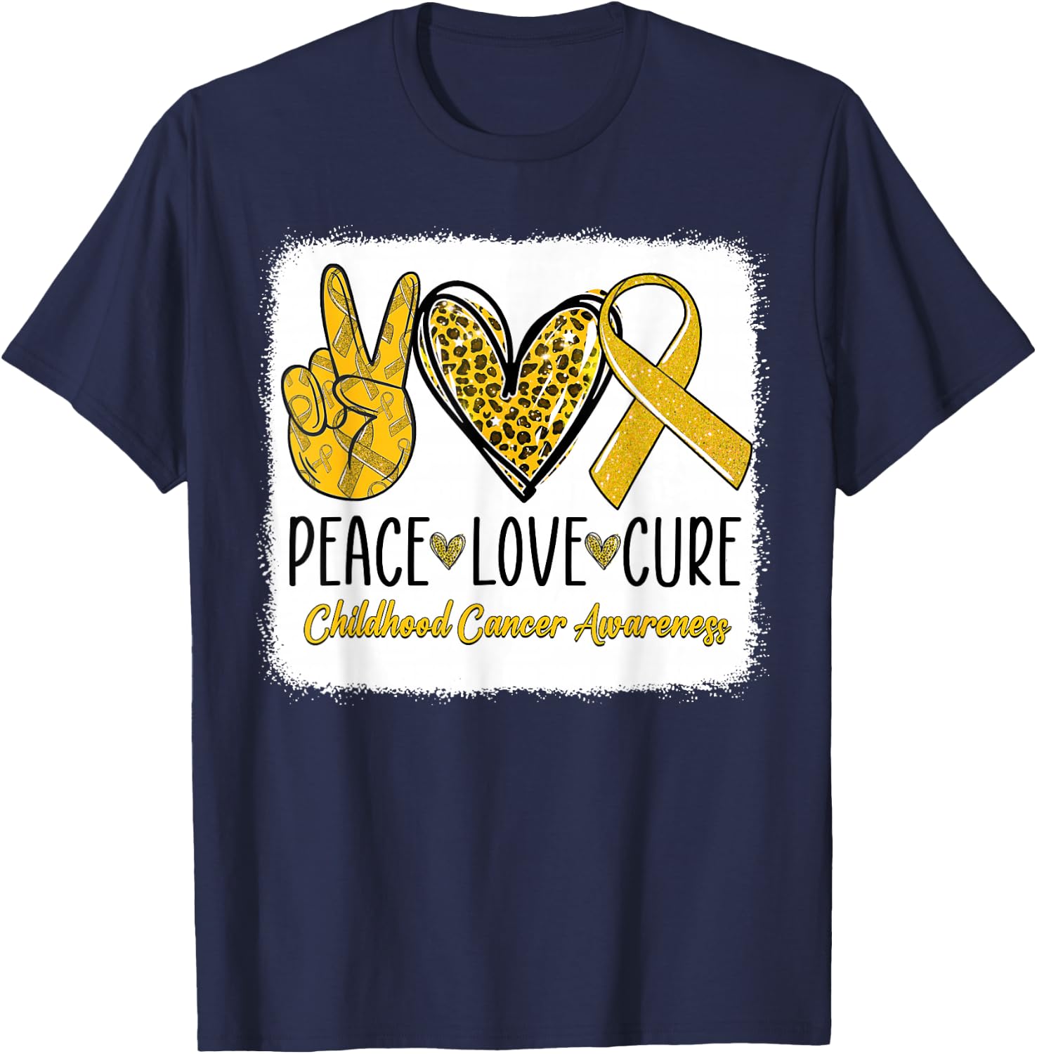 Peace Love Cure Childhood Cancer Awareness Gold Ribbon T-Shirt - T-Shirt | Navy