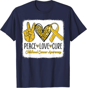 Peace Love Cure Childhood Cancer Awareness Gold Ribbon T-Shirt - T-Shirt | Navy