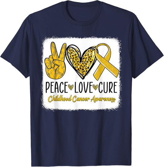 Peace Love Cure Childhood Cancer Awareness Gold Ribbon T-Shirt - T-Shirt | Navy