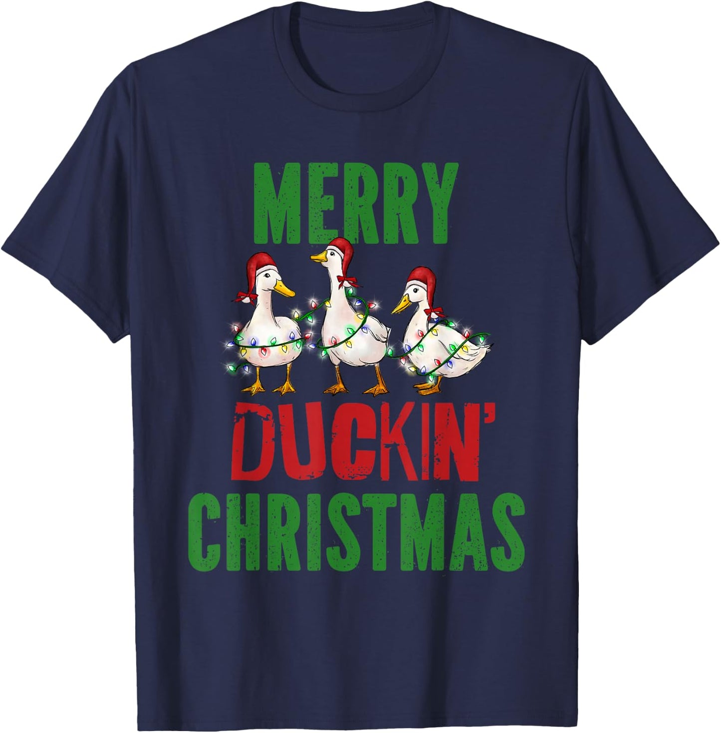 Merry Duckin Christmas Duck Pun Funny Christmas Light Ducks T-Shirt - T-Shirt | Navy