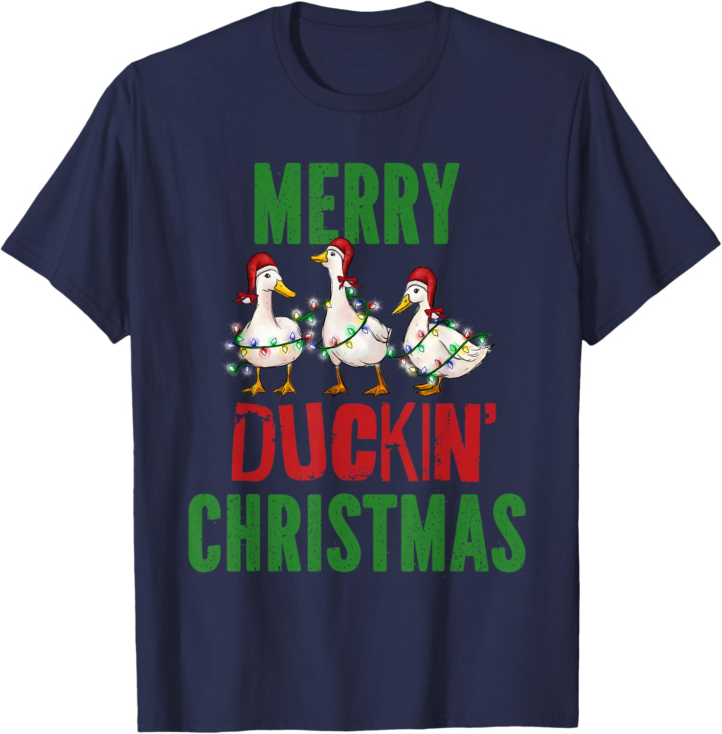 Merry Duckin Christmas Duck Pun Funny Christmas Light Ducks T-Shirt - T-Shirt | Navy