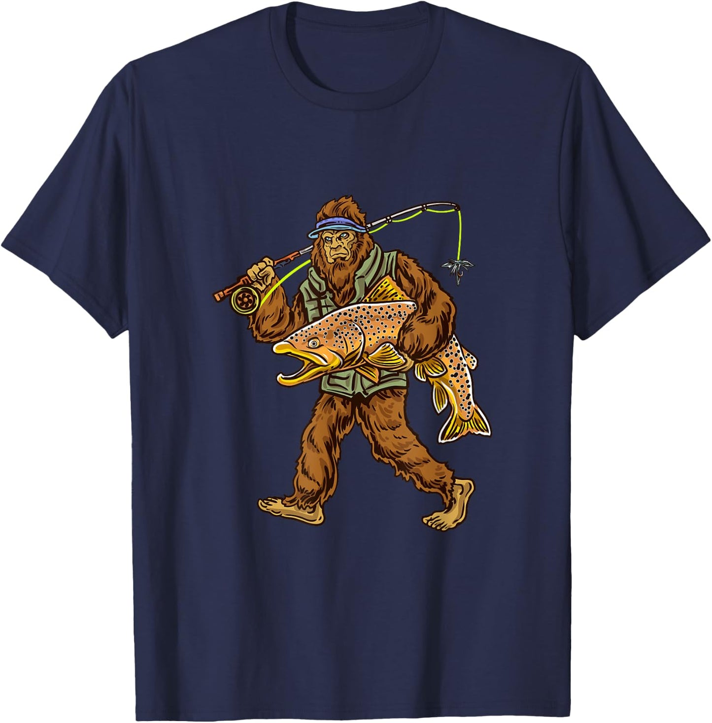 Brown Trout River Fishing Bigfoot Hunting Fishermen T-Shirt - T-Shirt | Navy