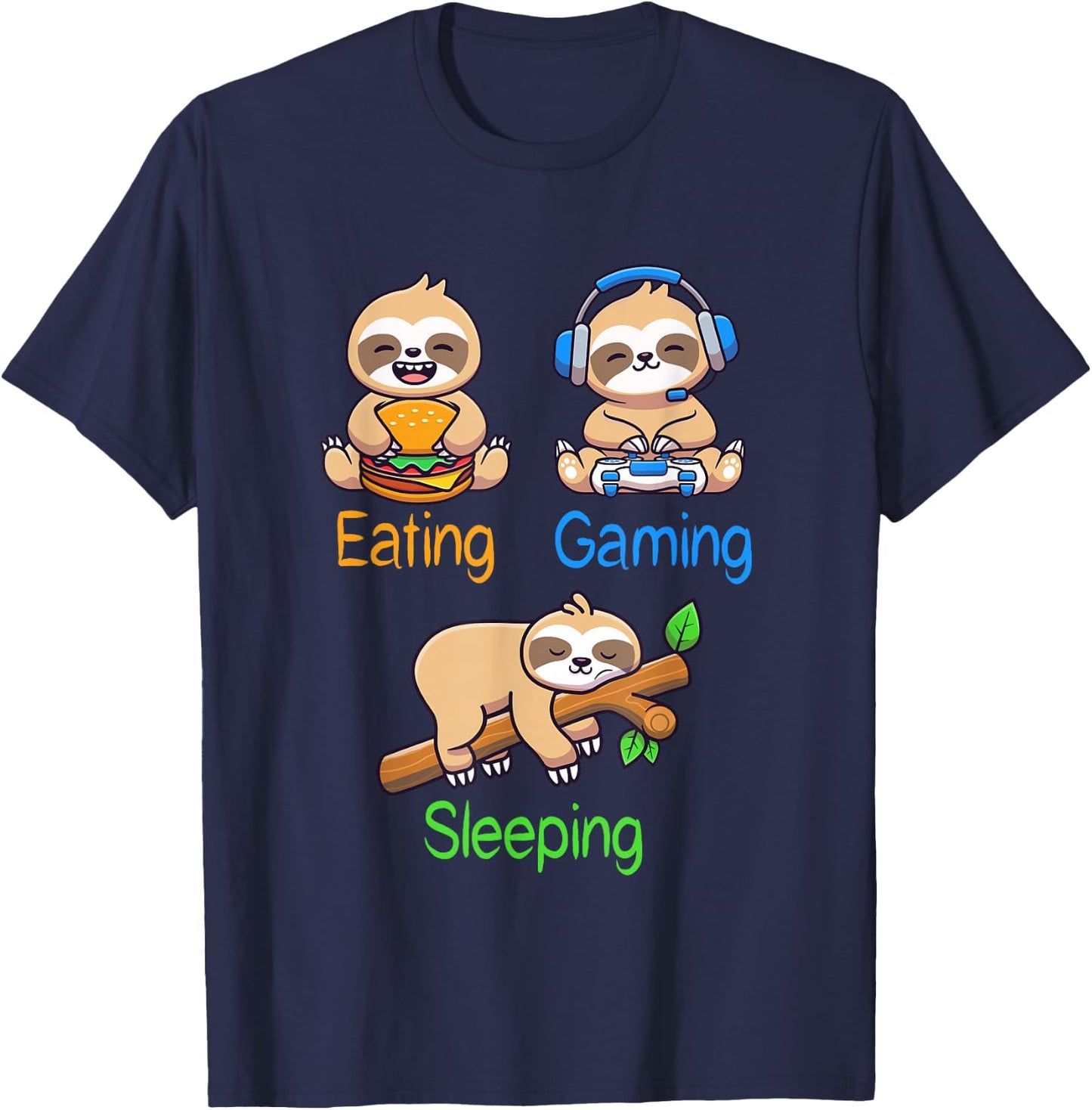 Eating Gaming Sleeping Gamer Sloth Men Kids T-Shirt - T-Shirt | Navy