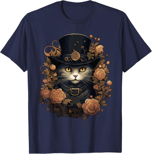 Cute Cottagecore Aesthetic Cat Flowers Women Kids T-Shirt - T-Shirt | Navy