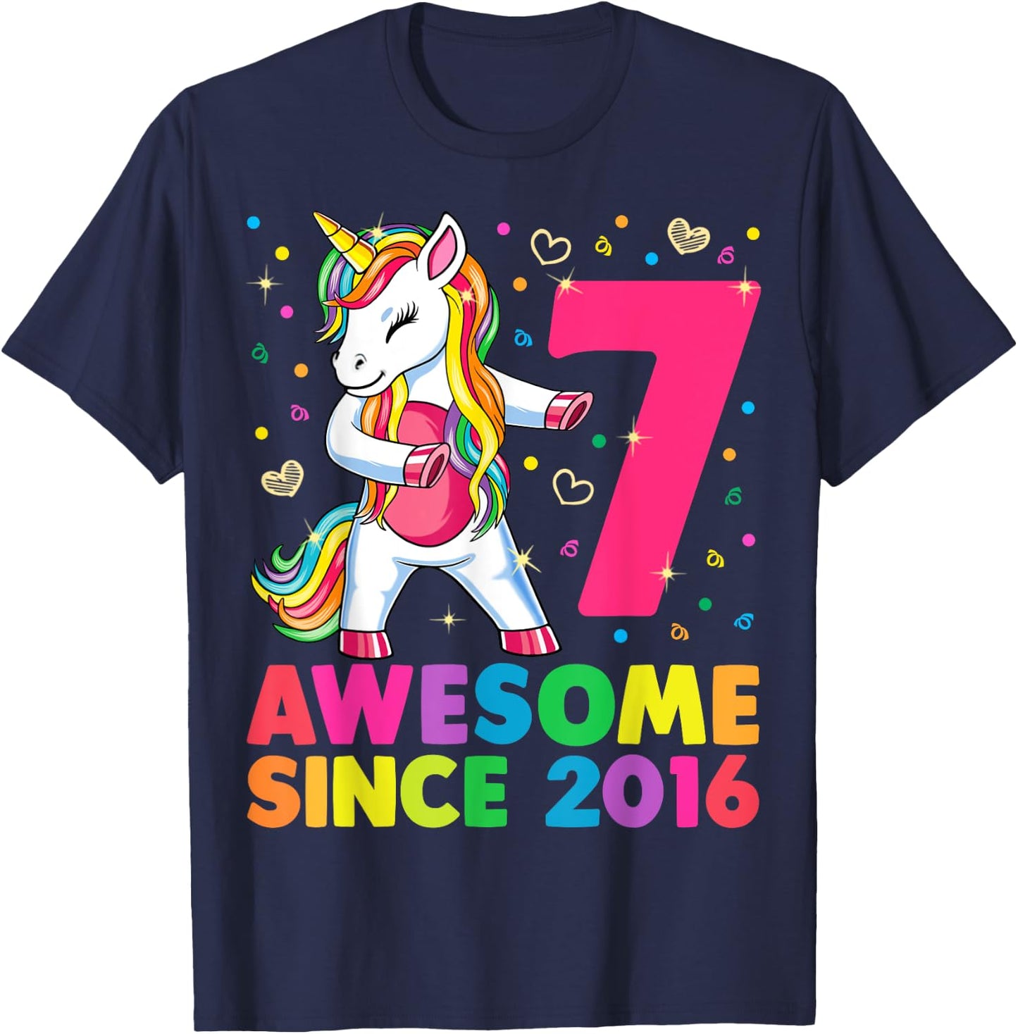 7 Years Old Unicorn Flossing 7th Birthday Girl Unicorn Party T-Shirt - T-Shirt | Navy