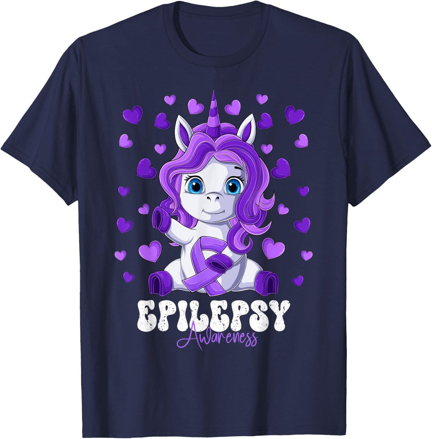 Epilepsy Awareness Month Purple Ribbon Unicorn T-Shirt - T-Shirt | Navy