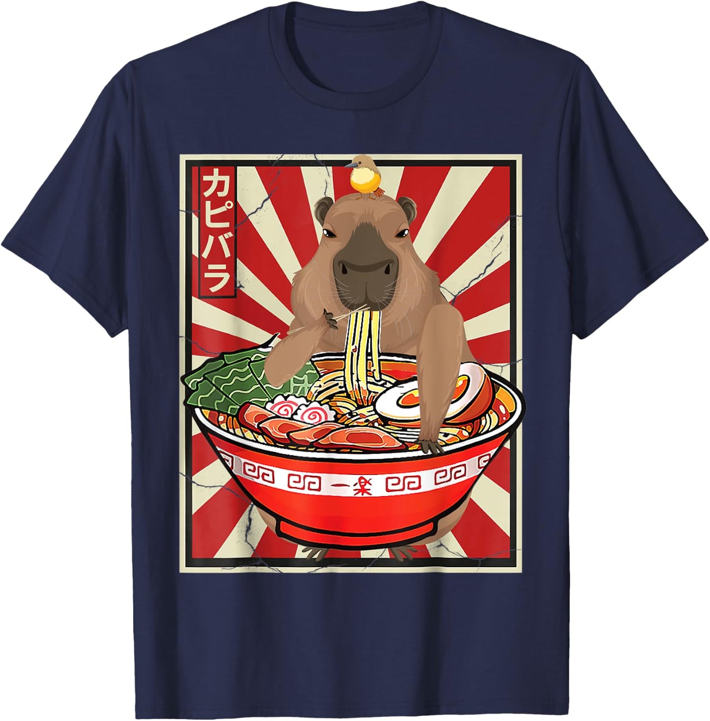 Kawaii bird Capybara Eating Ramen Noodles Anime Japanese T-Shirt - T-Shirt | Navy