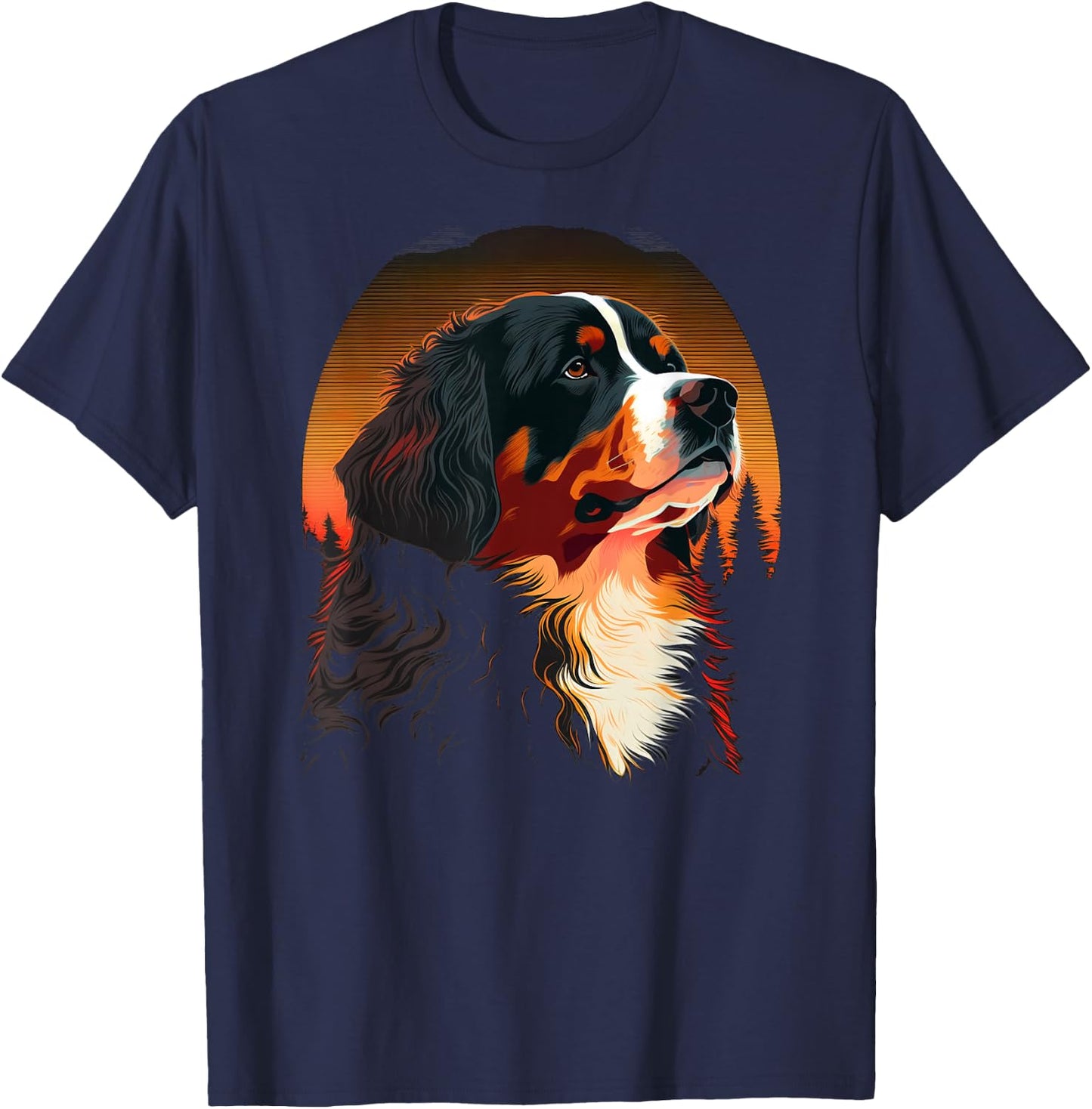 Bernese Mountain Dog at Sunset in the Woods Black Graphic Men Women Kids T-Shirt - T-Shirt | Navy