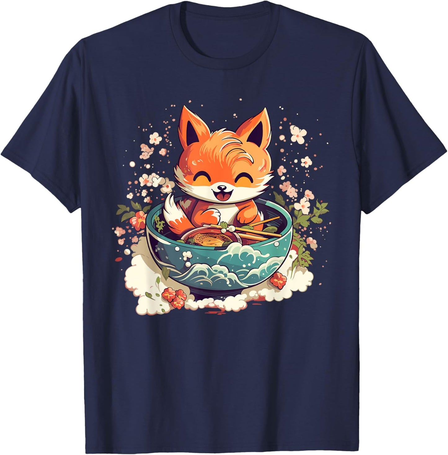 Kawaii Fox Eating Ramen - Ramen Noodle Lovers - Fox-Themed T-Shirt - T-Shirt | Navy