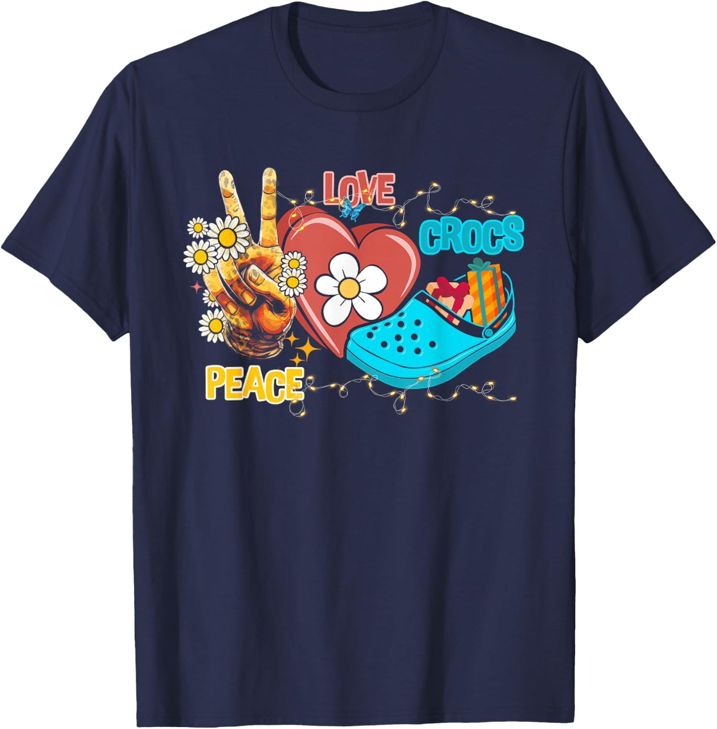 Skeleton Hand Peace Love-Crocs Family Xmas Pyjama Halloween T-Shirt - T-Shirt | Navy