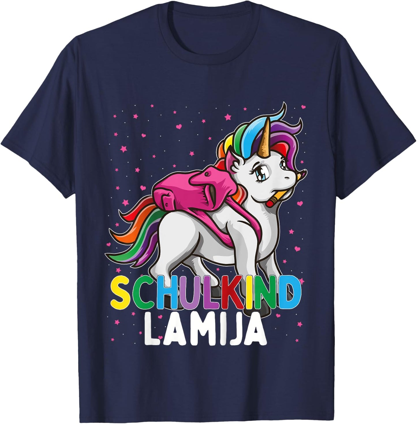 Kids School Child Unicorn Lamija First Name Girls T-Shirt - T-Shirt | Navy