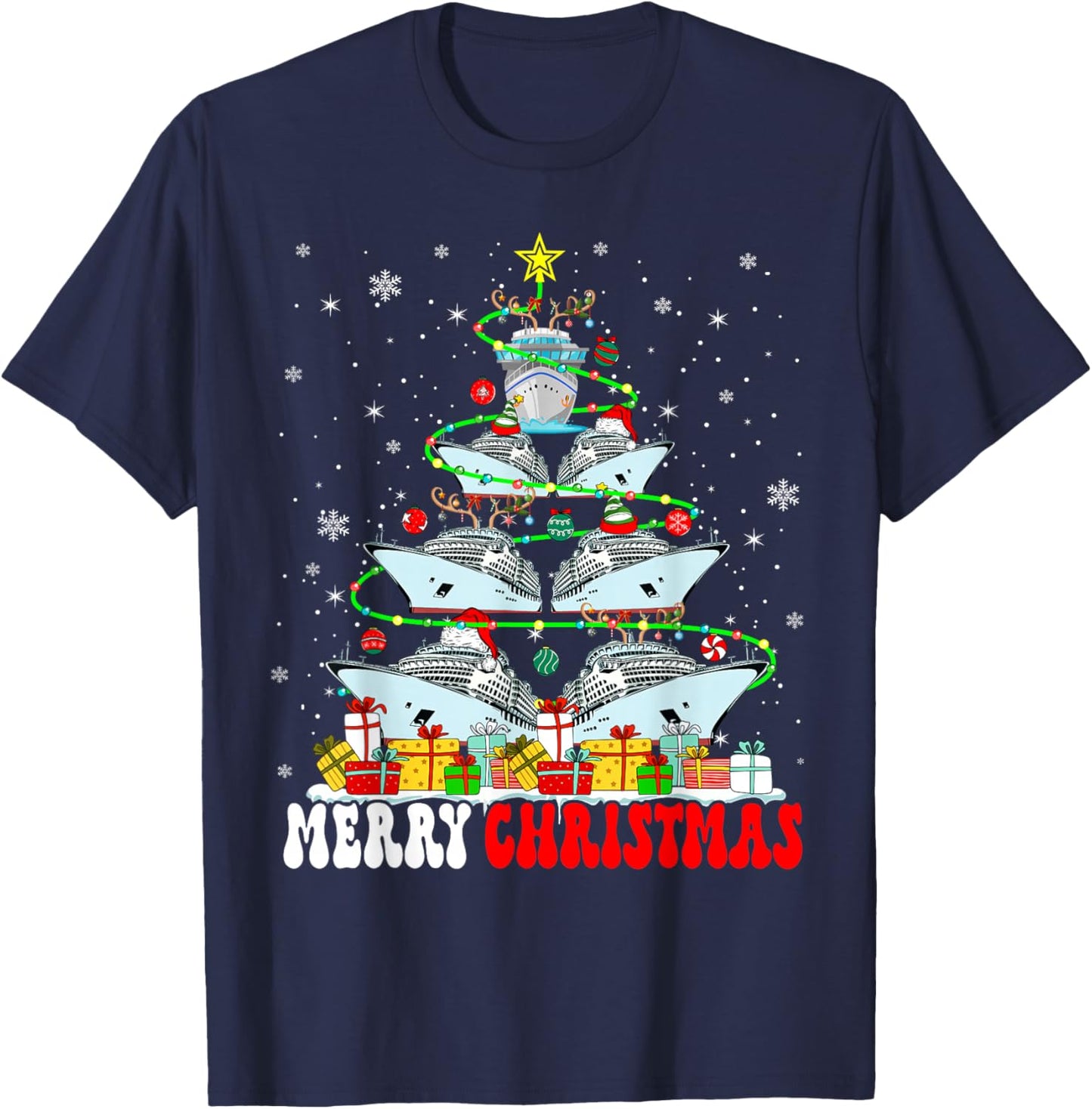 Merry Christmas Reindeer Elf Santa Cruise Ships Xmas Tree T-Shirt - T-Shirt | Navy