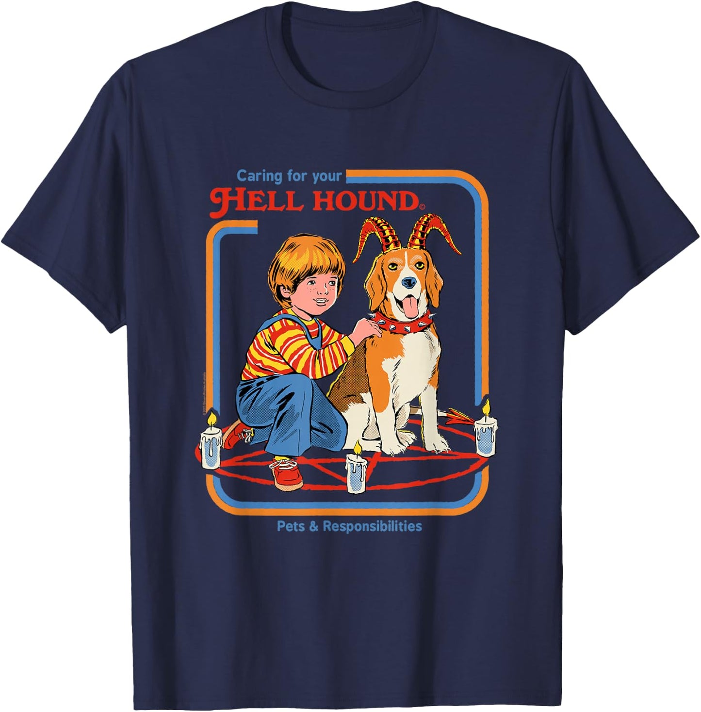 Steven Rhodes Caring for Your Hell Hound Retro Dark Humor T-Shirt - T-Shirt | Navy