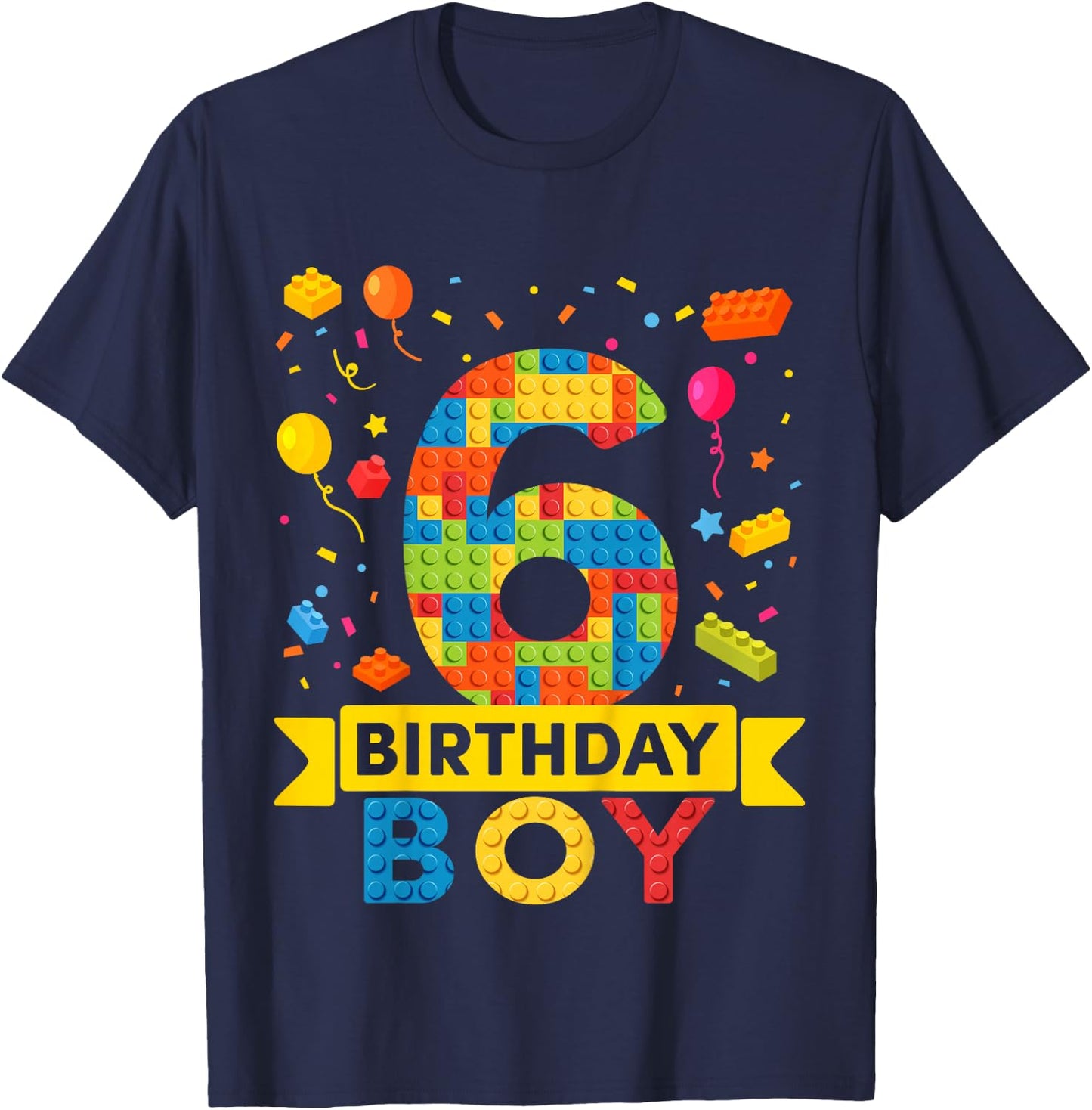 Kids 6 Year Old Building Blocks 6th Birthday Boy T-Shirt - T-Shirt | Navy
