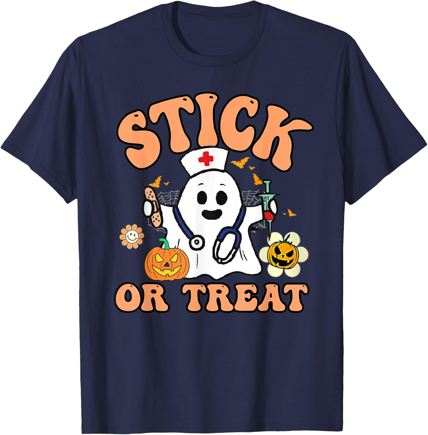 Groovy Stick Or Treat Funny Halloween Nurse T-Shirt - T-Shirt | Navy