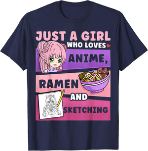 Anime Just a Girl Who Loves Anime Ramen and Sketching Small T-Shirt - T-Shirt | Navy