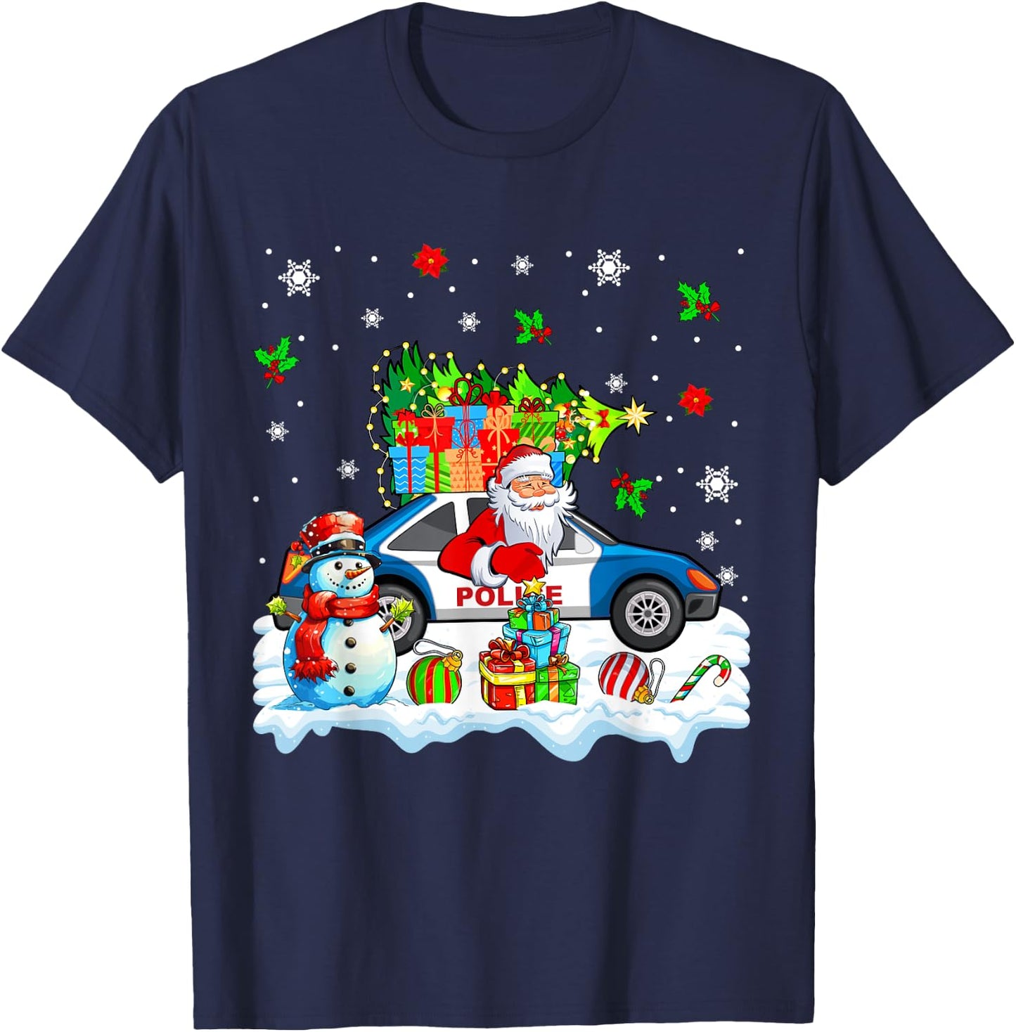Santa Carrying Christmas Tree On Police Car Snowman Driver T-Shirt - T-Shirt | Navy