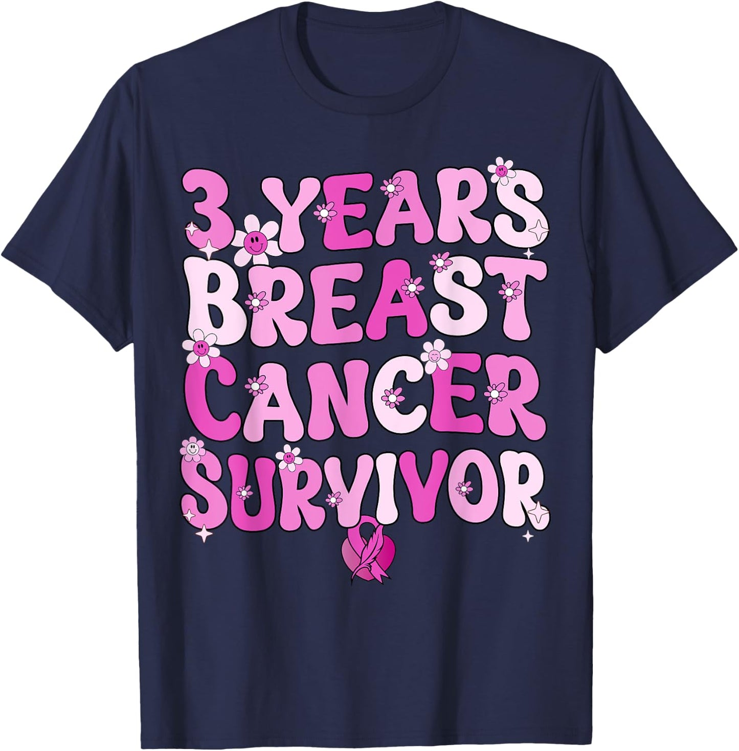 Groovy 3 Year Breast Cancer Survivor Breast Cancer Awareness T-Shirt - T-Shirt | Navy