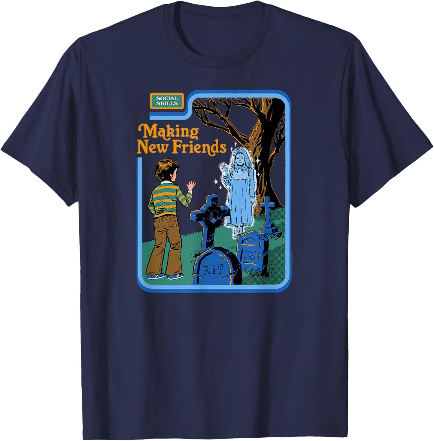 Steven Rhodes Making New Friends Ghost Retro Dark Humor T-Shirt - T-Shirt | Navy