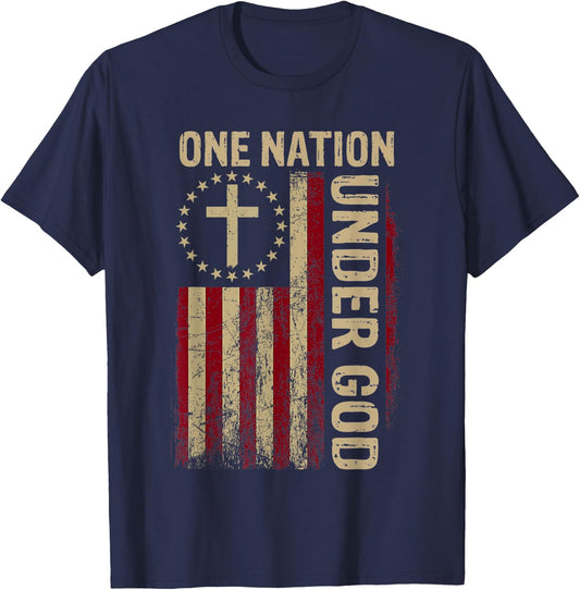 One Nation Under God Flag 4th of July Patriotic Christian T-Shirt - T-Shirt | Navy