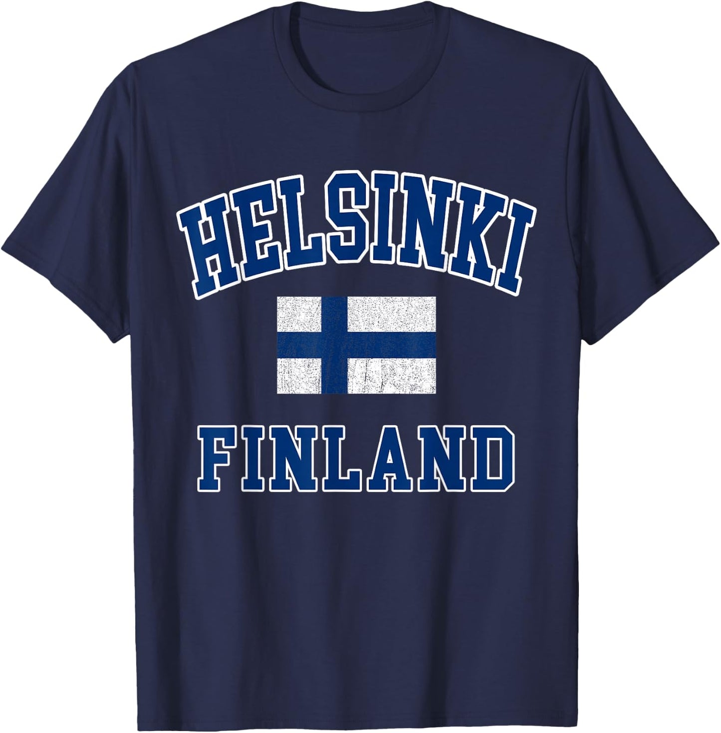 Helsinki Finland Flag Distressed Vintage Europe College Font T-Shirt - T-Shirt | Navy