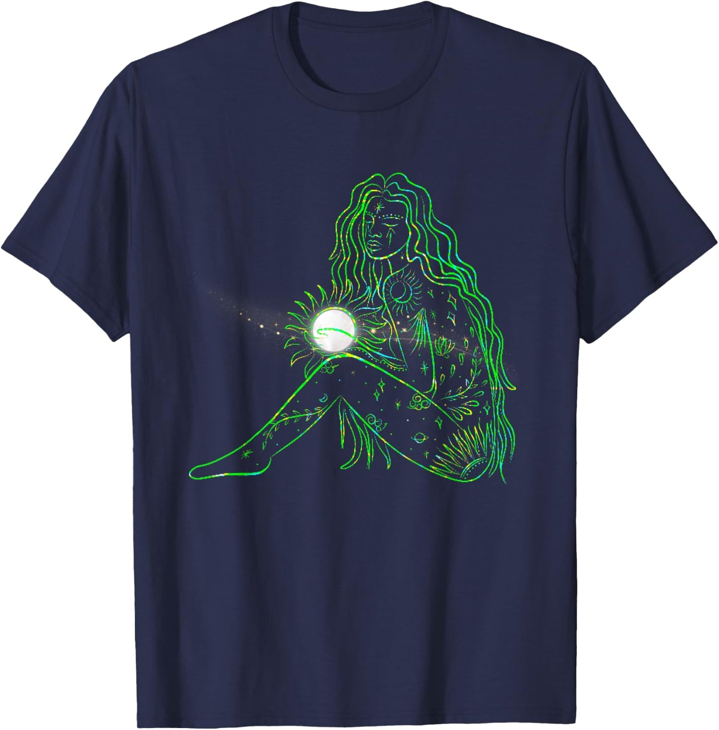 Mother Earth Gaia Goddess Holding Full Moon Graphics T-Shirt - T-Shirt | Navy