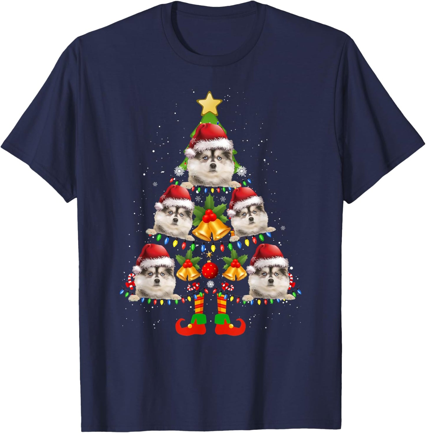 Funny Pomsky Christmas Lights Tree Dog Lover Xmas T-Shirt - T-Shirt | Navy