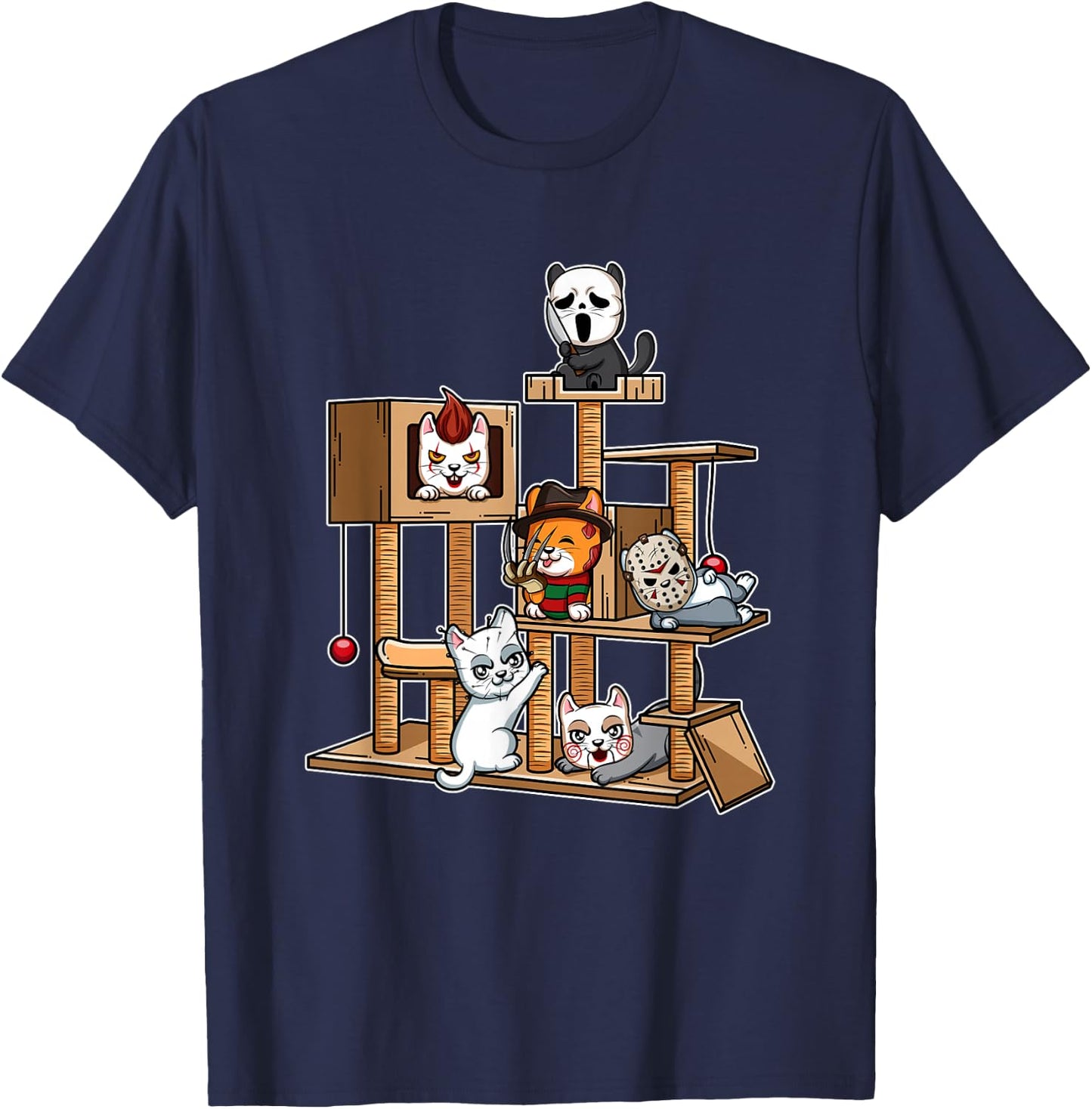 Funny Horror Movie Kitten Playing On Cat Tree T-Shirt - T-Shirt | Navy