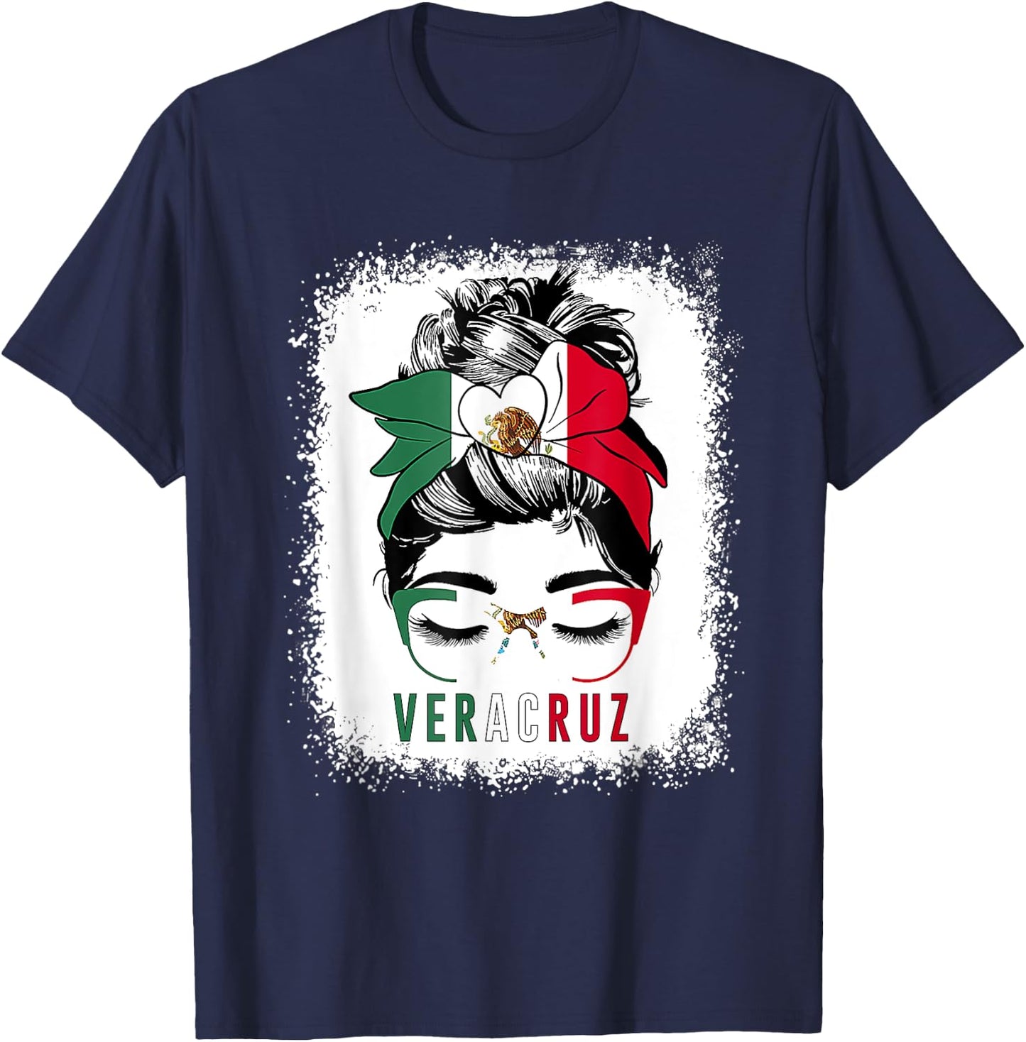 Veracruz Girl Messy Bun Bandana And Glasses Mexico Mexican T-Shirt - T-Shirt | Navy