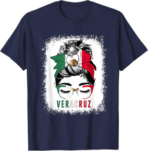 Veracruz Girl Messy Bun Bandana And Glasses Mexico Mexican T-Shirt - T-Shirt | Navy