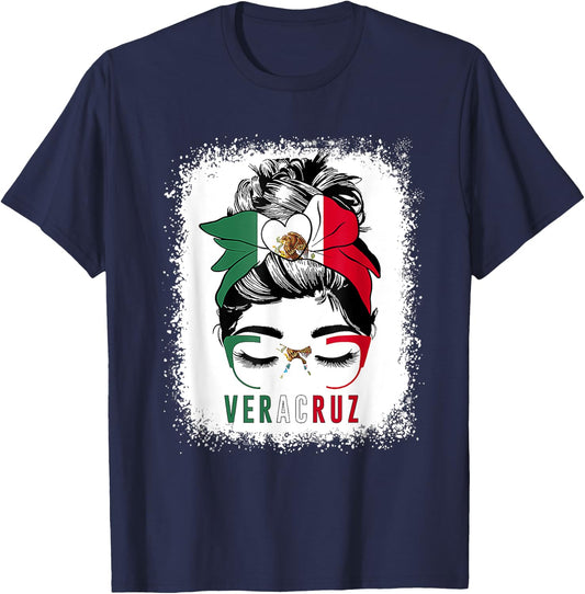 Veracruz Girl Messy Bun Bandana And Glasses Mexico Mexican T-Shirt - T-Shirt | Navy