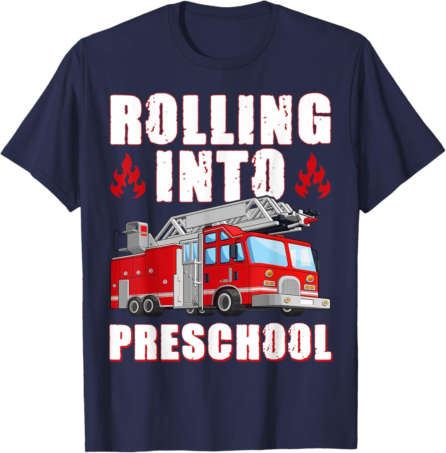 Rolling Into Preschool Fire Engine First Day Of School Boys T-Shirt - T-Shirt | Navy