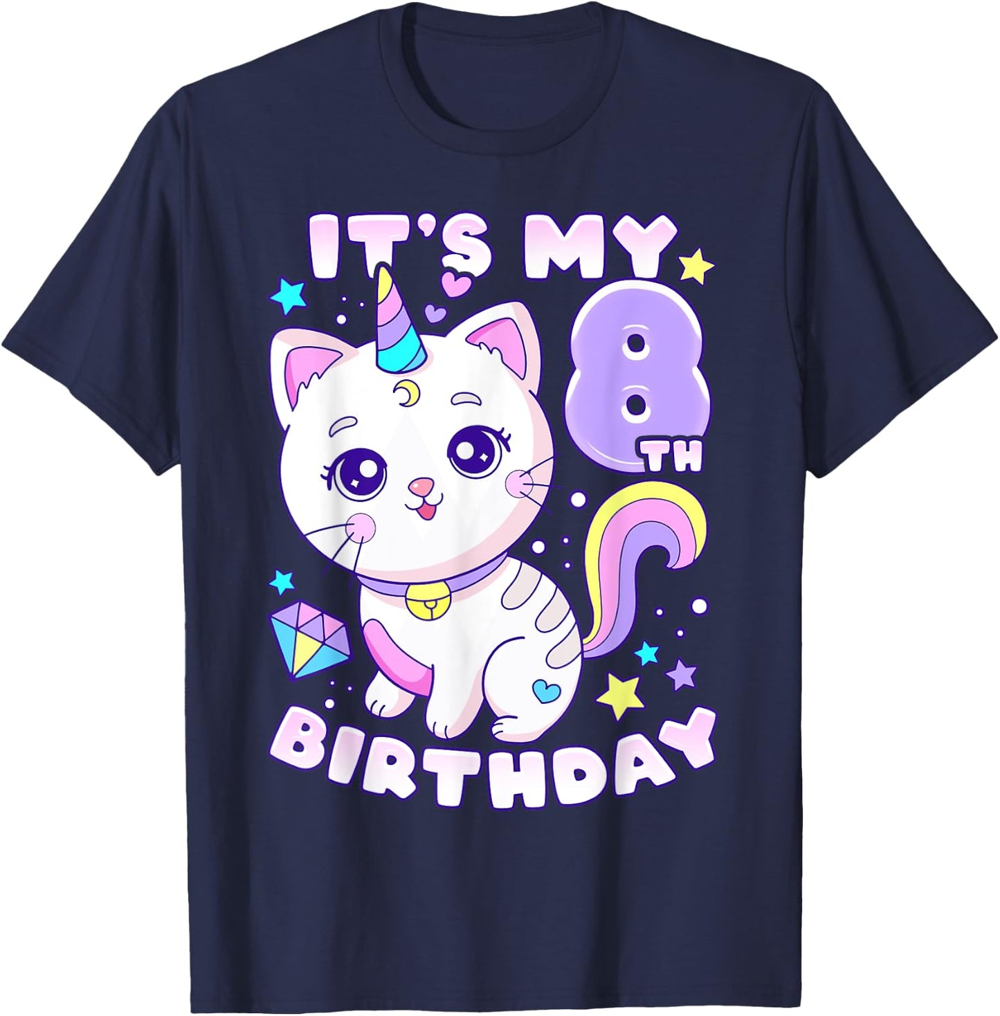 Birthday girl 8 years old, cat, unicorn, 8th birthday T-Shirt - T-Shirt | Navy
