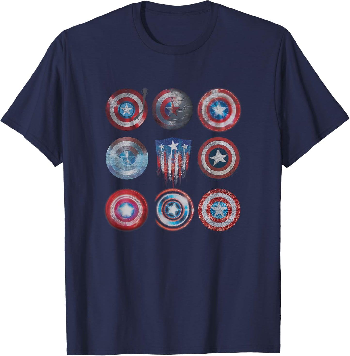 Marvel Comics Retro Classic Captain America Shields Variety T-Shirt - T-Shirt | Navy