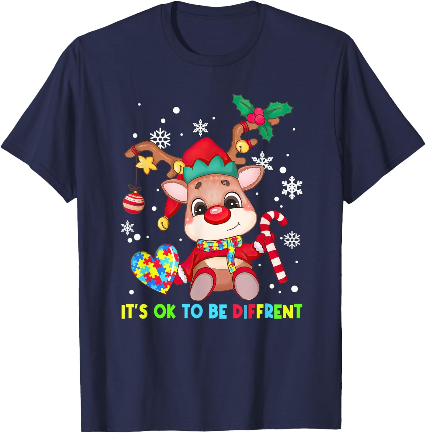 It's Ok To Be Different Reindeer Autism Awareness Christmas T-Shirt - T-Shirt | Navy