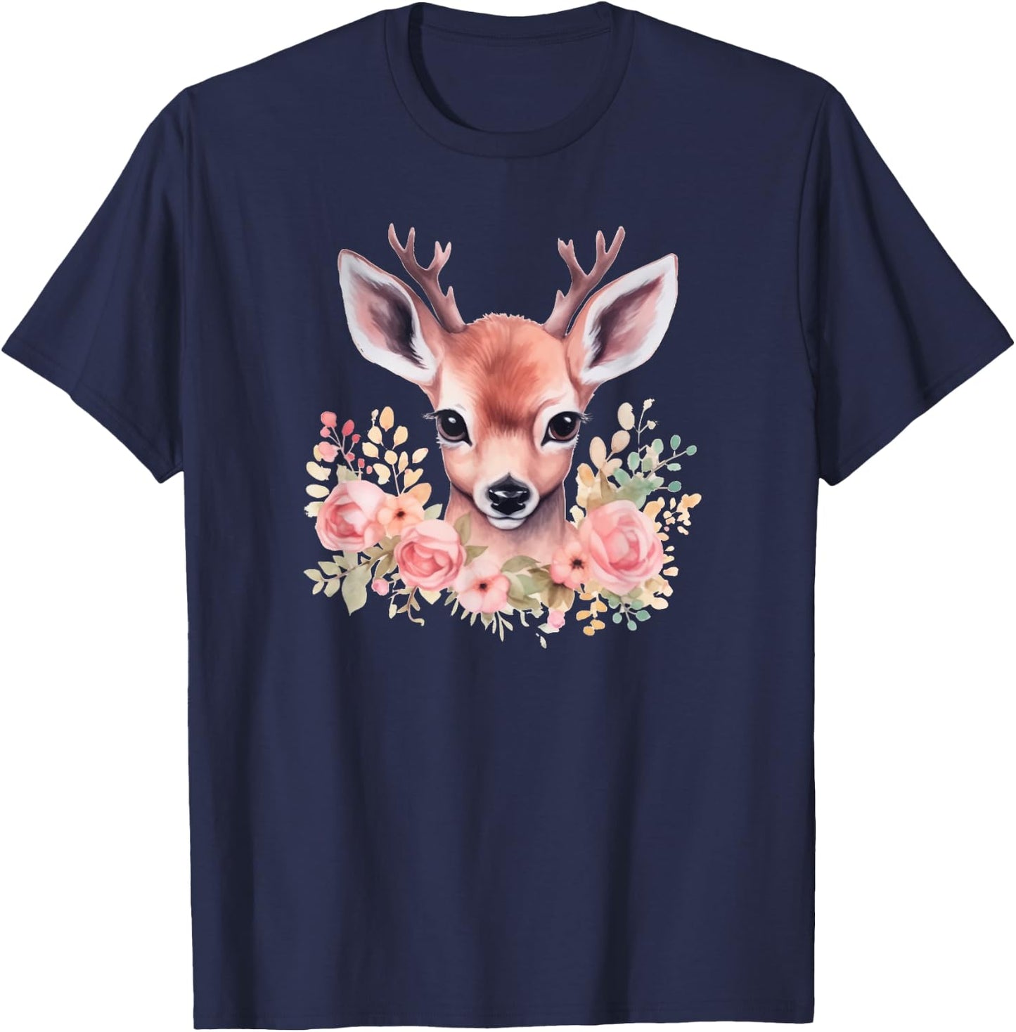 Fawn with Flowers Pink Deer Illustration Cute Deer T-Shirt - T-Shirt | Navy