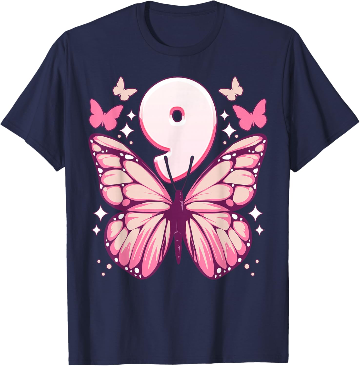 Birthday Girl 9 Years, Butterflies and Number 9 T-Shirt - T-Shirt | Navy