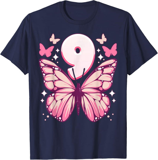 Birthday Girl 9 Years, Butterflies and Number 9 T-Shirt - T-Shirt | Navy