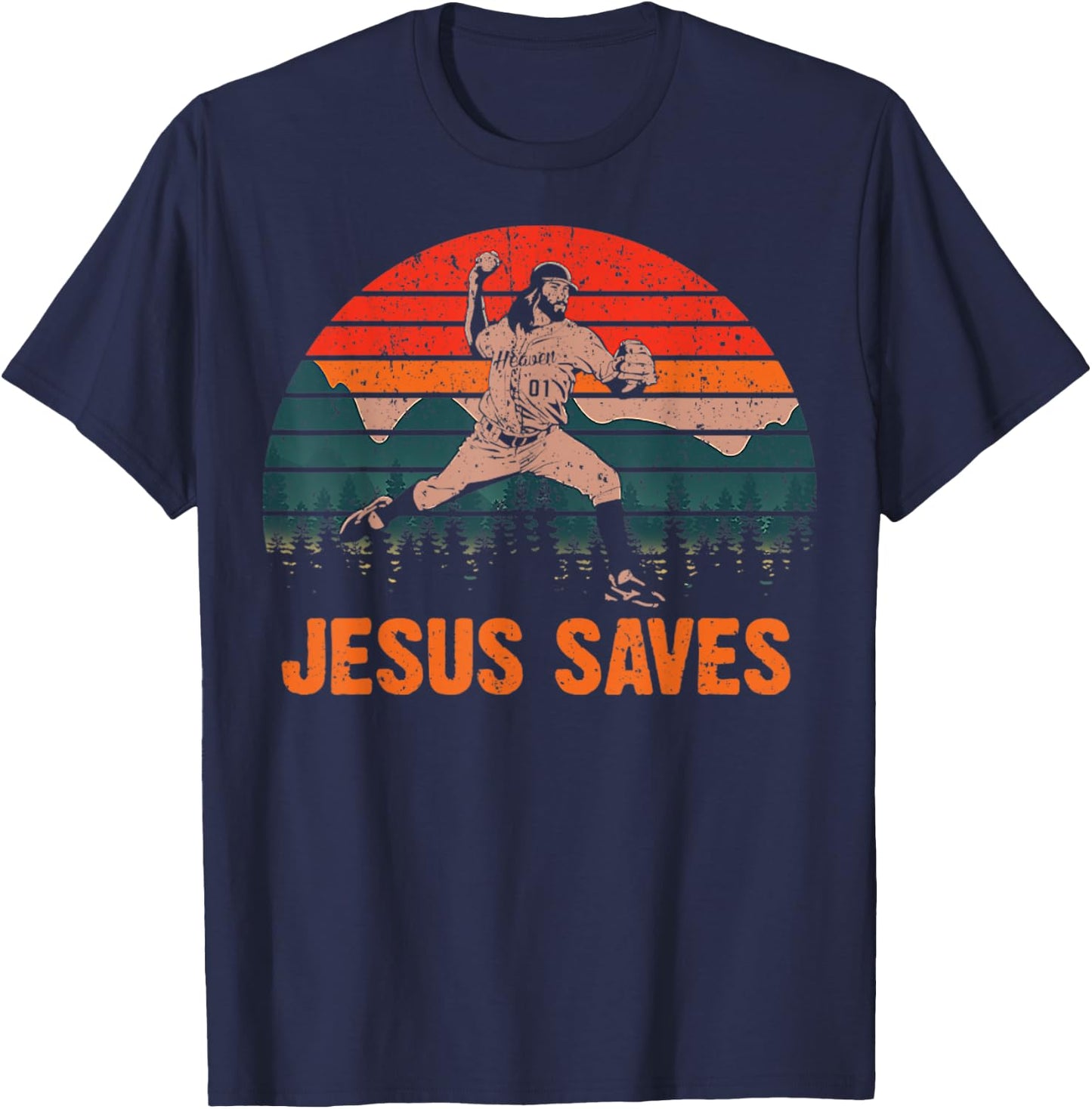 Vintage Jesus Saves Baseball Pitcher Retro 80s T-Shirt - T-Shirt | Navy