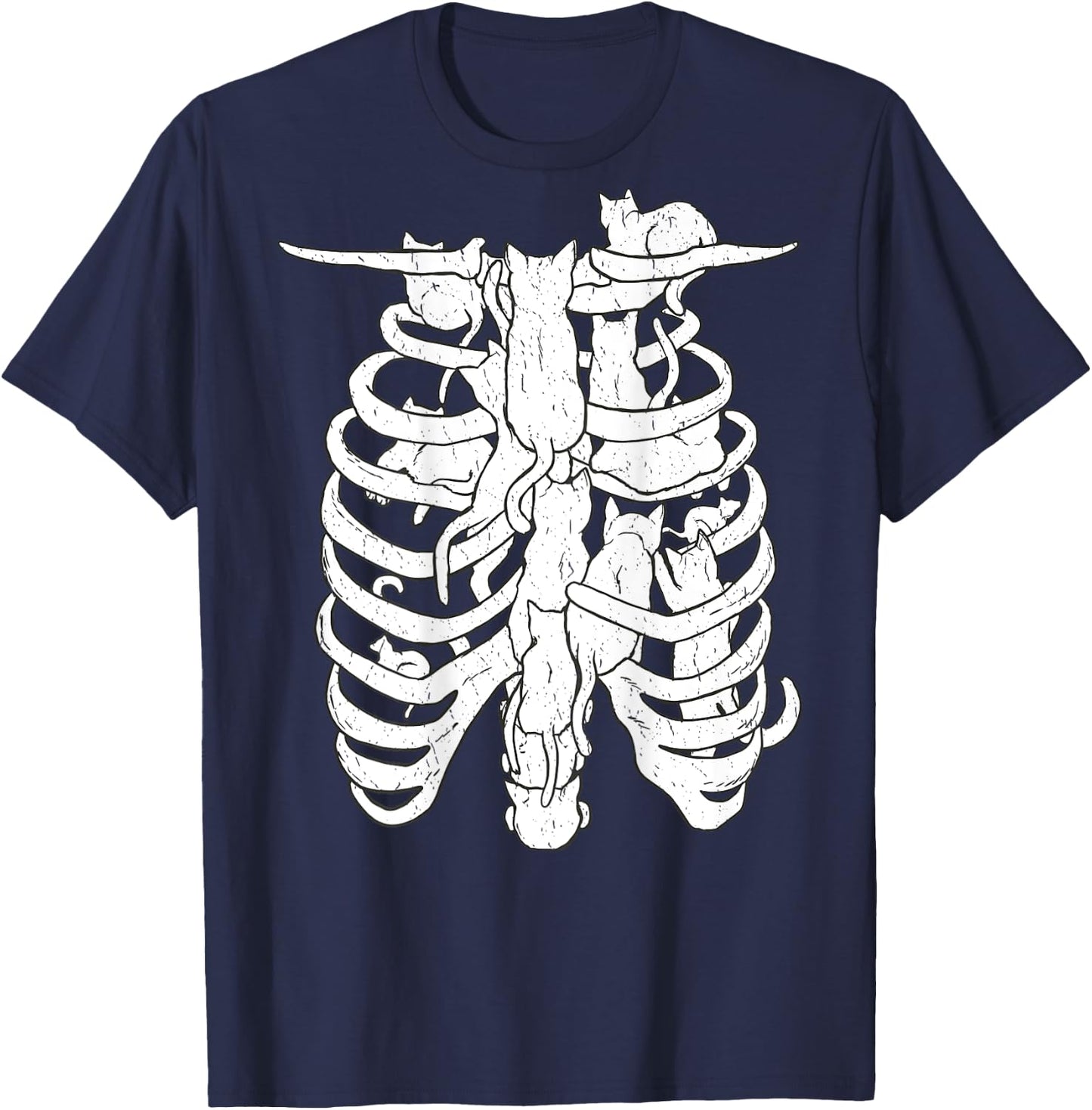 Skeleton body and cat, Halloween Costume Rib cage Anatomy T-Shirt - T-Shirt | Navy