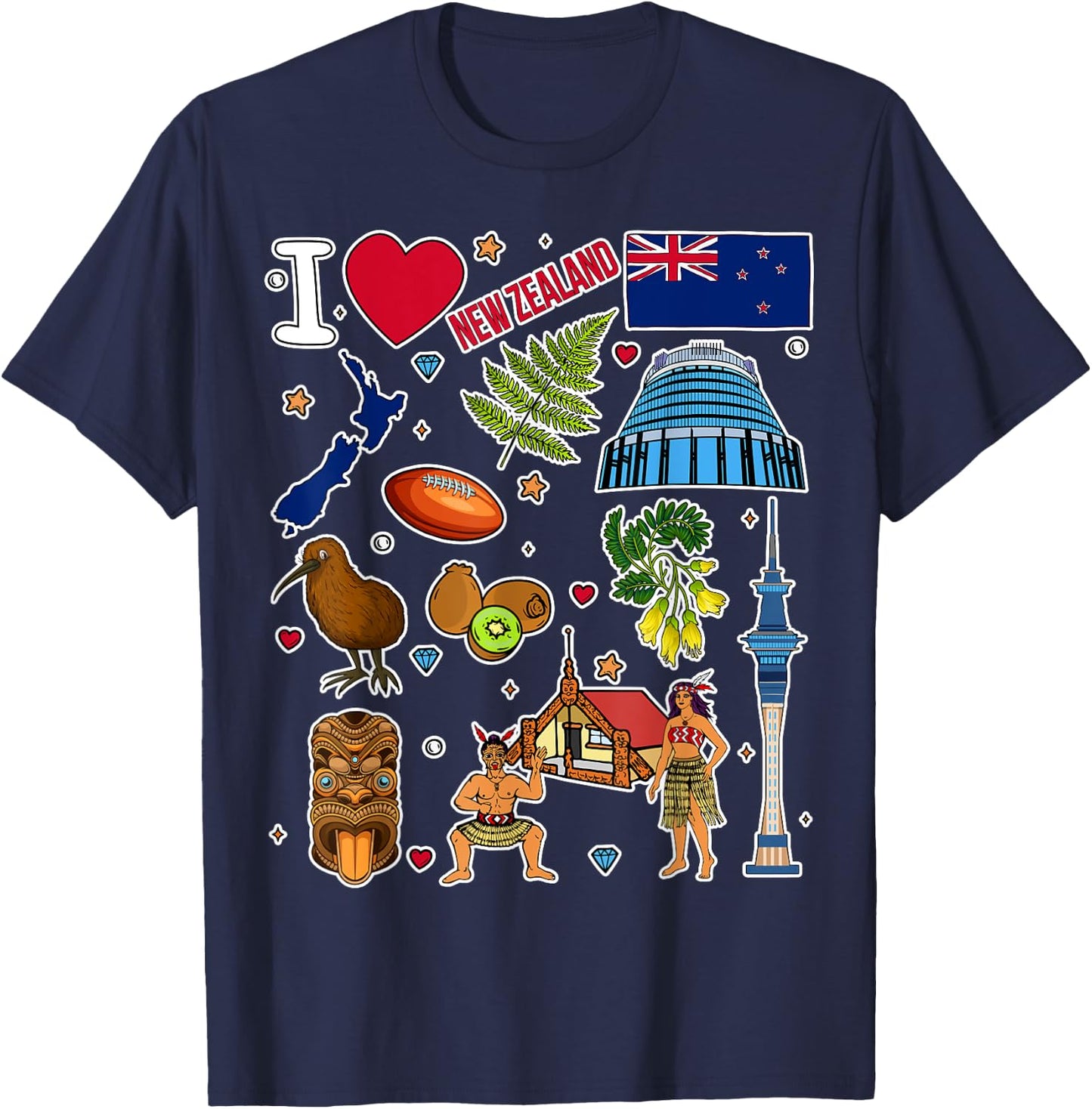 NZ hand drawn symbols, New Zealand map, cultural icons T-Shirt - T-Shirt | Navy