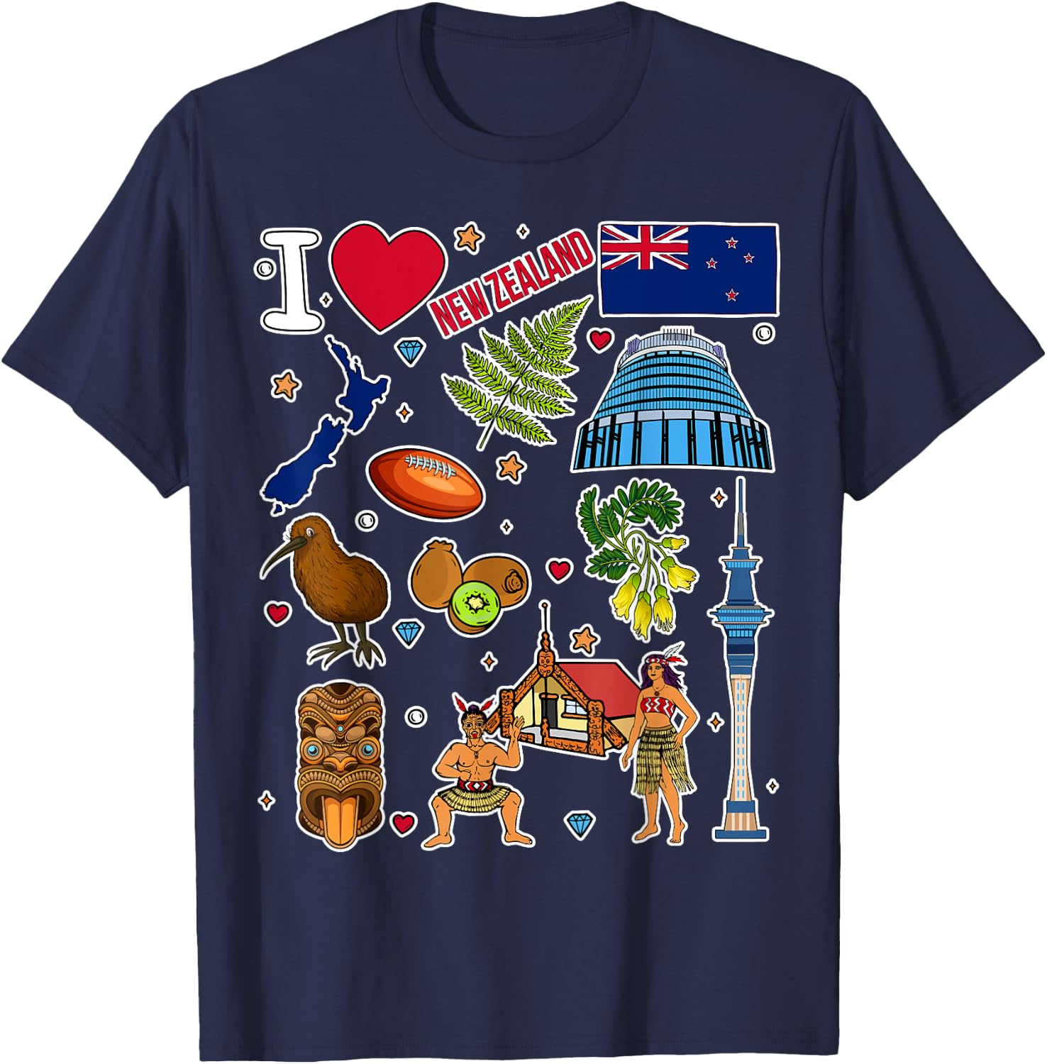 NZ hand drawn symbols, New Zealand map, cultural icons T-Shirt - T-Shirt | Navy