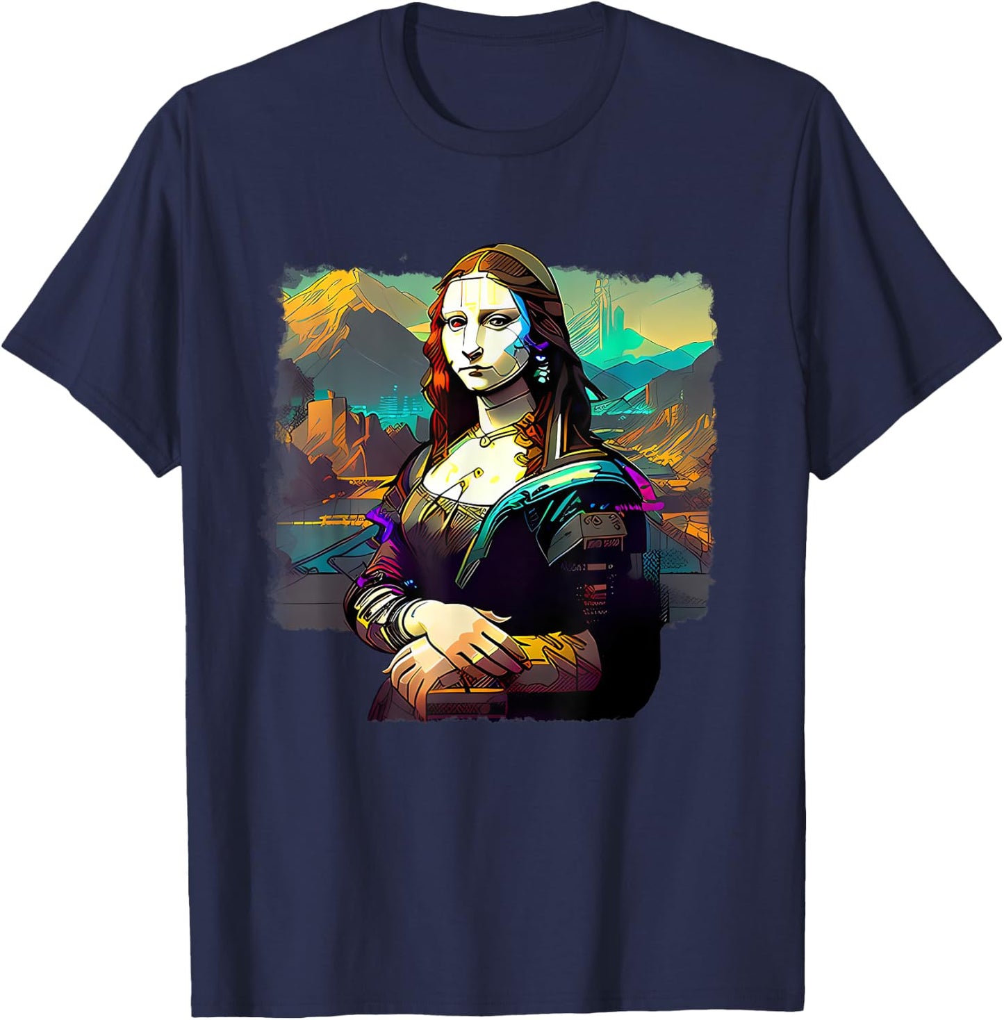 Cyberpunk Aesthetic - Cyberpunk Mona Lisa - Famous Painting T-Shirt - T-Shirt | Navy
